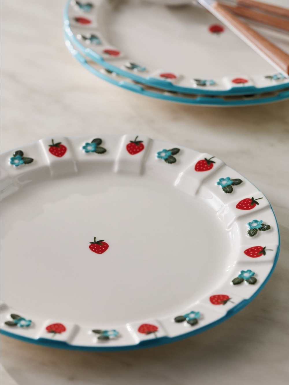 Anthropologie White Dinner Plate with Red Strawberry and Blue Floral Accents